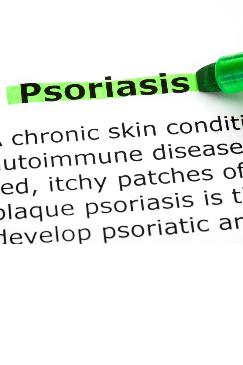 A green highlighter goes over the word Psoriasis. Under the word is the definition of the word. Chronic skin conditon, autoimmune disease, itchy patches. The background is white.